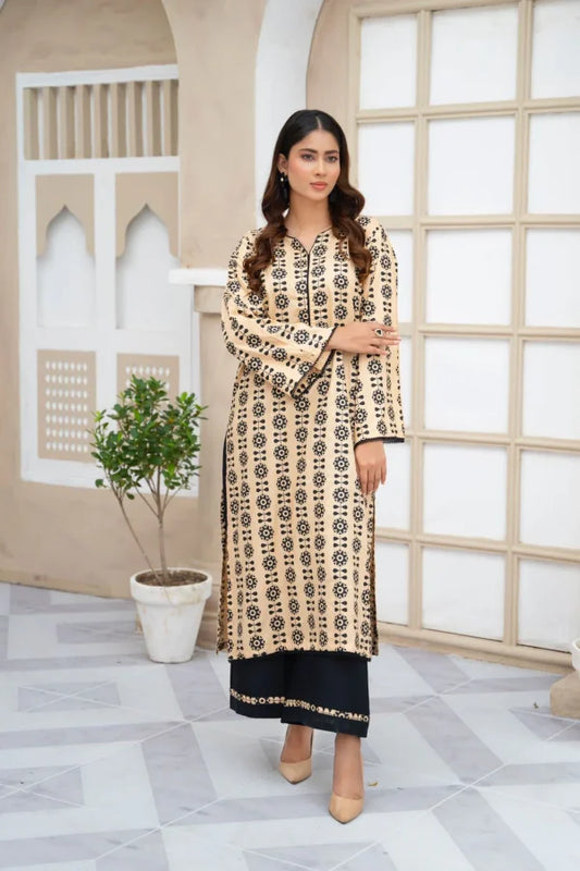 2pcs Printed Stitched Suit Stone Winter Linen Suit Winter Collection Jiyachic