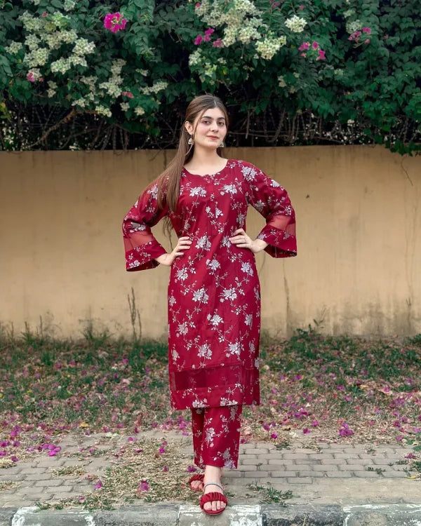 2pcs Flower Printed Suit Stitched Suit Stone Winter Linen Suit Winter Collection (maroon) Jiyachic