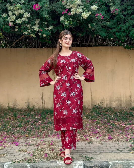 2pcs Flower Printed Suit Stitched Suit Stone Winter Linen Suit Winter Collection (maroon) Jiyachic