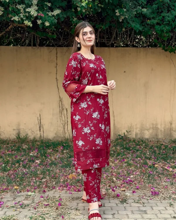 2pcs Flower Printed Suit Stitched Suit Stone Winter Linen Suit Winter Collection (maroon) Jiyachic