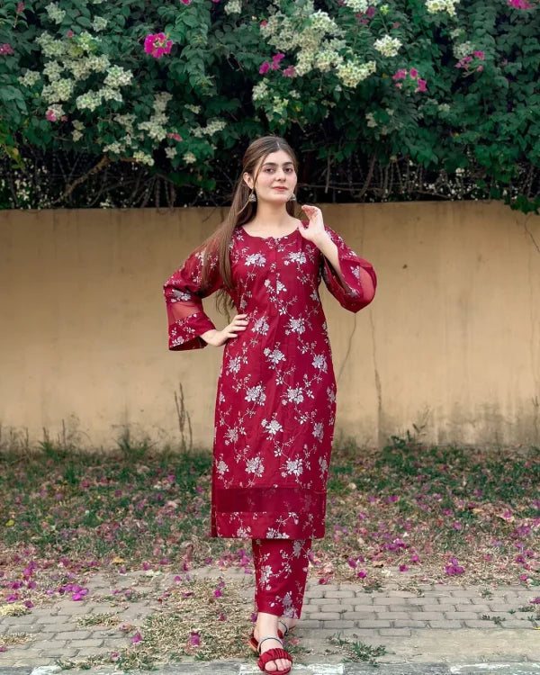 2pcs Flower Printed Suit Stitched Suit Stone Winter Linen Suit Winter Collection (maroon) Jiyachic