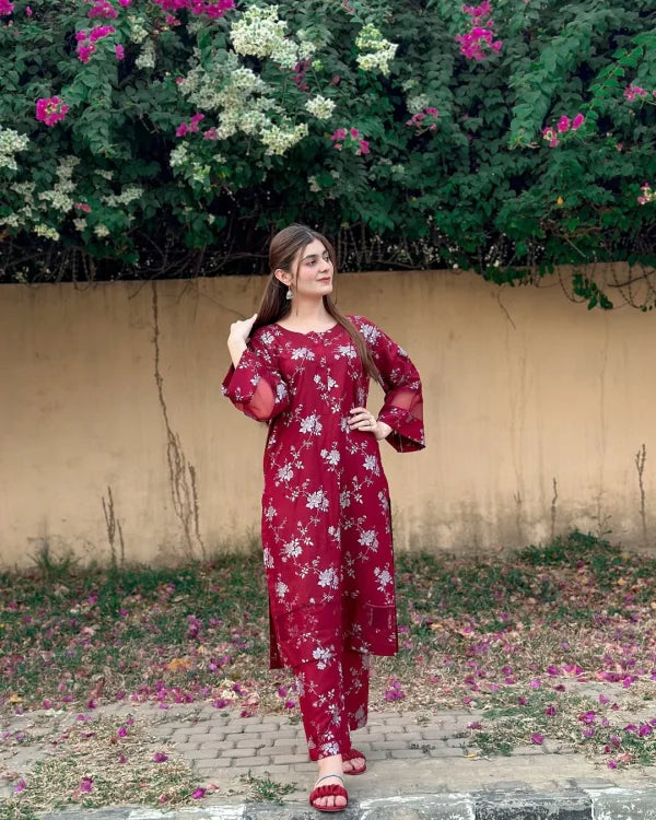 2pcs Flower Printed Suit Stitched Suit Stone Winter Linen Suit Winter Collection (maroon) Jiyachic