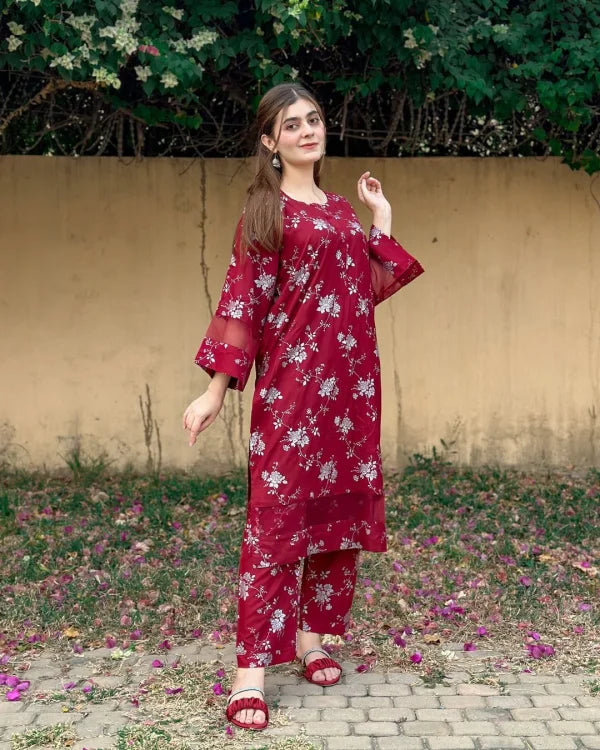 2pcs Flower Printed Suit Stitched Suit Stone Winter Linen Suit Winter Collection (maroon) Jiyachic