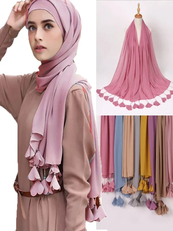 Fashion New Women Chiffon Bubble Scarf Solid Color Hijab Muslim Peals Long Tassel Love Flower Designer Jiyachic