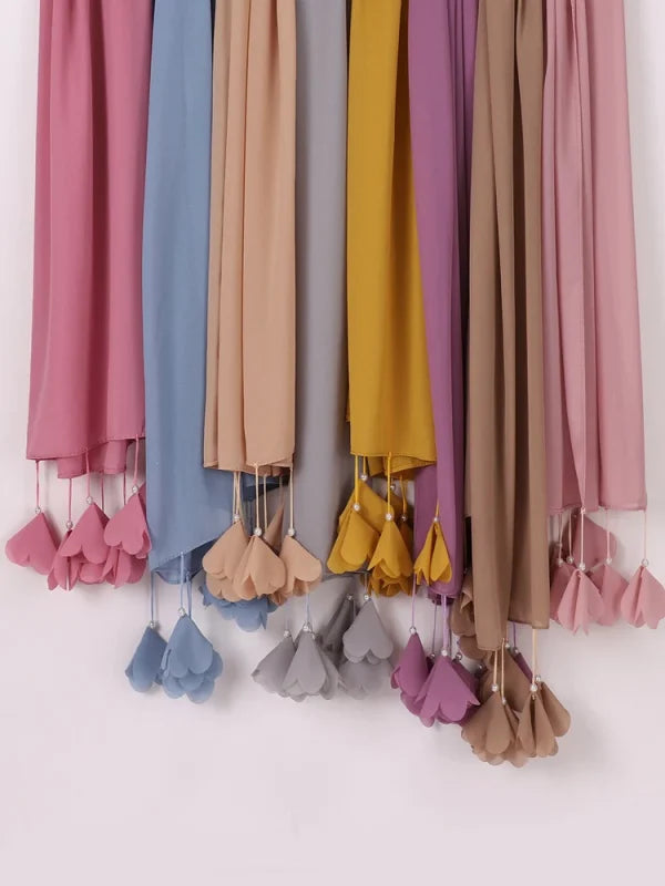 Fashion New Women Chiffon Bubble Scarf Solid Color Hijab Muslim Peals Long Tassel Love Flower Designer Jiyachic