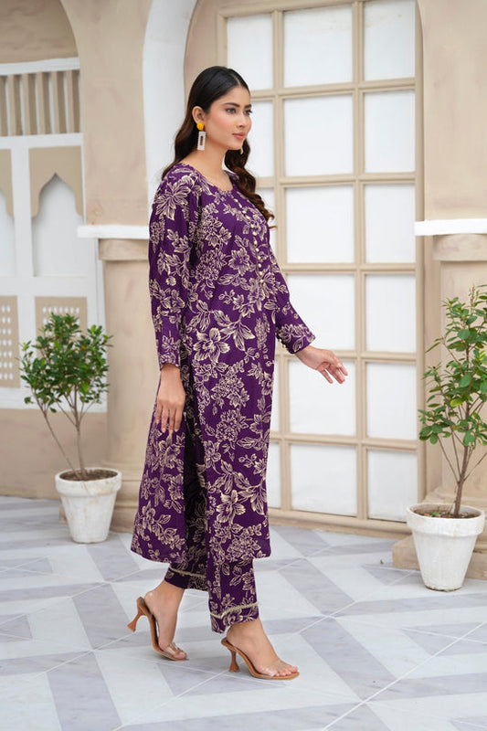 Flower Printed Suit Pcs Stitched Suit Stone Winter Linen Suit Winter Collection (purple) Jiyachic