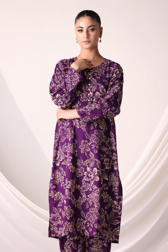 Flower Printed Suit Pcs Stitched Suit Stone Winter Linen Suit Winter Collection (purple) Jiyachic