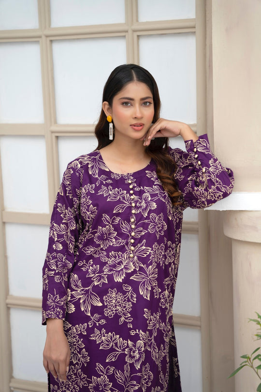 Flower Printed Suit Pcs Stitched Suit Stone Winter Linen Suit Winter Collection (purple) Jiyachic