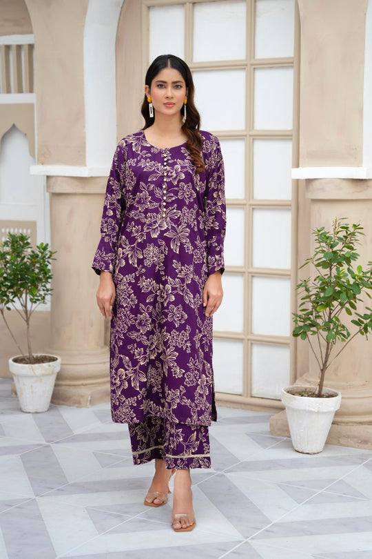 Flower Printed Suit Pcs Stitched Suit Stone Winter Linen Suit Winter Collection (purple) Jiyachic