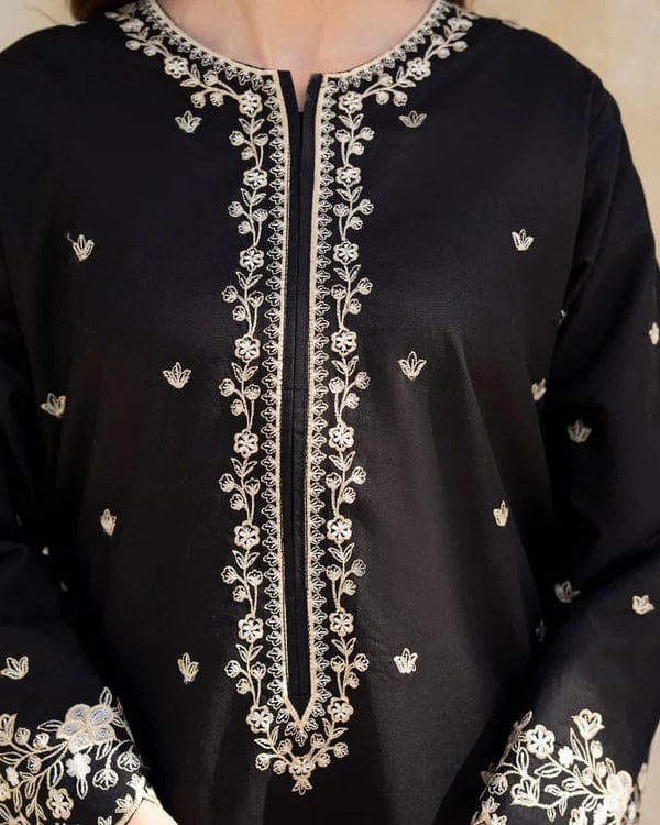 2pc Stitched Suit Embroidered Shirt Premium Lilen (black) Jiyachic