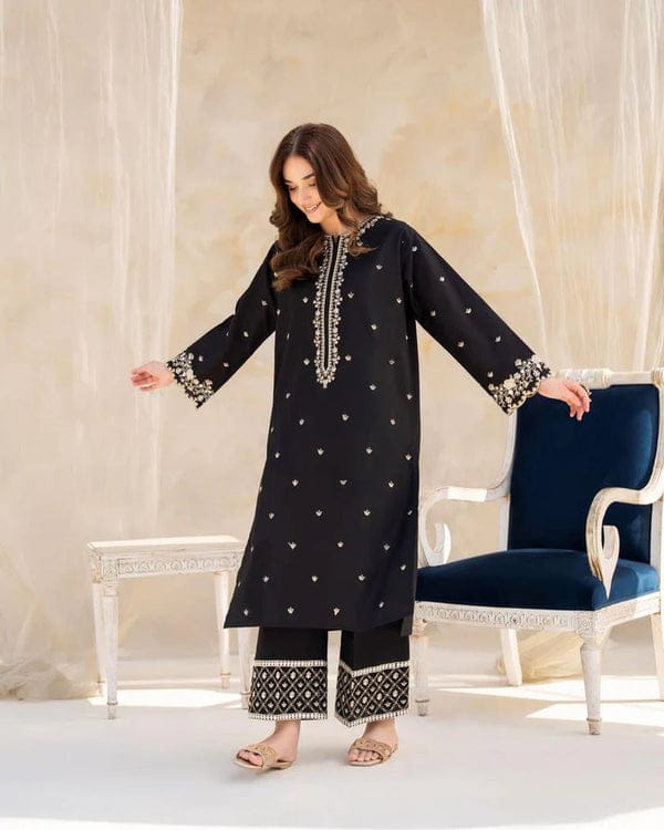 2pc Stitched Suit Embroidered Shirt Premium Lilen (black) Jiyachic